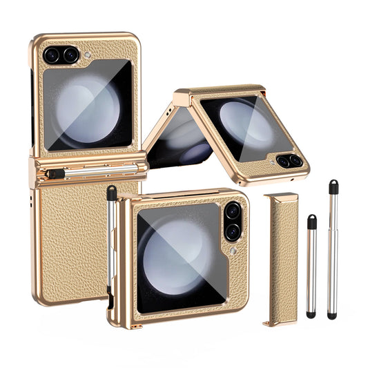 LycheeGuard Galaxy Z Flip 7, 6, 5 & 4 Leather Magnetic Hinge Case with Pen Slot