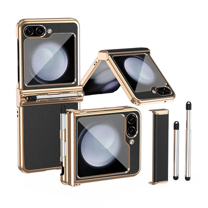 LycheeGuard Galaxy Z Flip 7, 6, 5 & 4 Leather Magnetic Hinge Case with Pen Slot