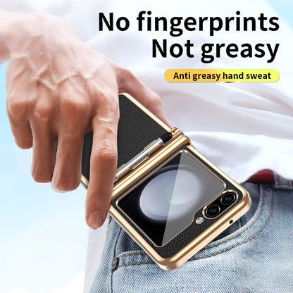 LycheeGuard Galaxy Z Flip 7, 6, 5 & 4 Leather Magnetic Hinge Case with Pen Slot