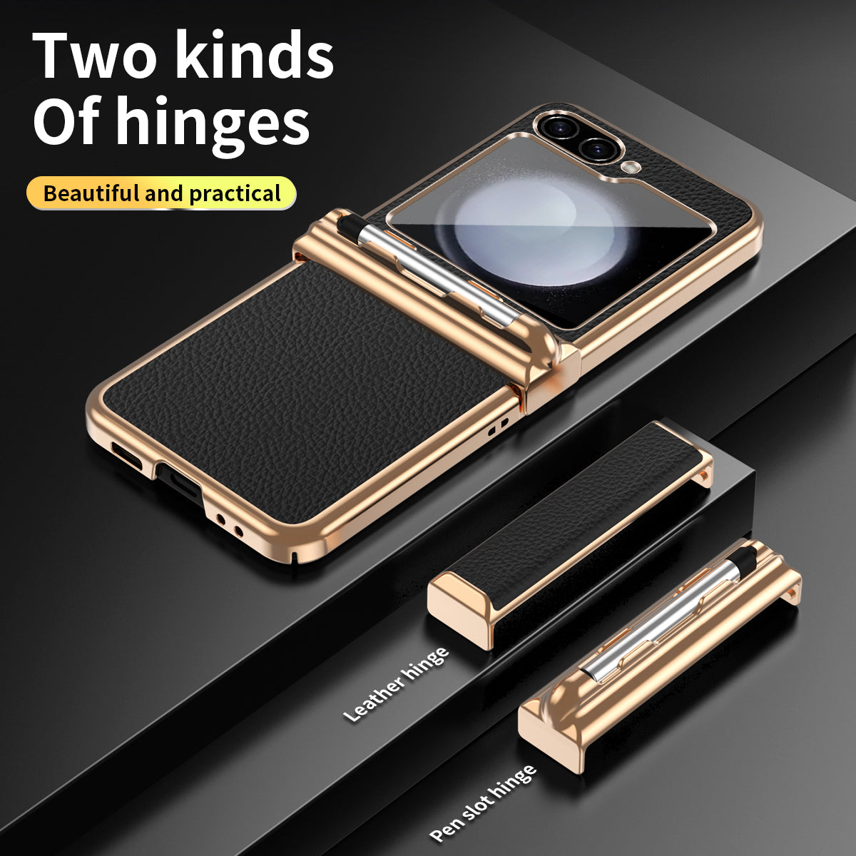 LycheeGuard Galaxy Z Flip 7, 6, 5 & 4 Leather Magnetic Hinge Case with Pen Slot