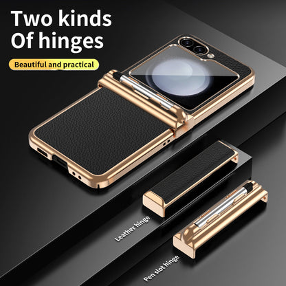 LycheeGuard Galaxy Z Flip 7, 6, 5 & 4 Leather Magnetic Hinge Case with Pen Slot
