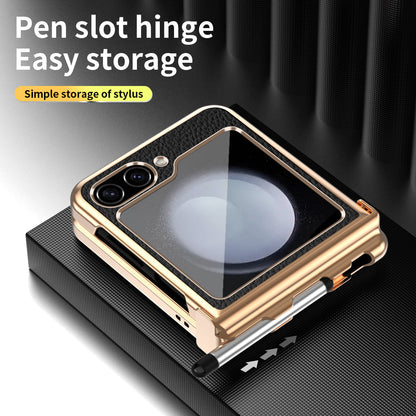 LycheeGuard Galaxy Z Flip 7, 6, 5 & 4 Leather Magnetic Hinge Case with Pen Slot