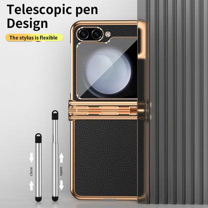 LycheeGuard Galaxy Z Flip 7, 6, 5 & 4 Leather Magnetic Hinge Case with Pen Slot