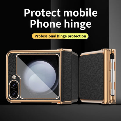 LycheeGuard Galaxy Z Flip 7, 6, 5 & 4 Leather Magnetic Hinge Case with Pen Slot
